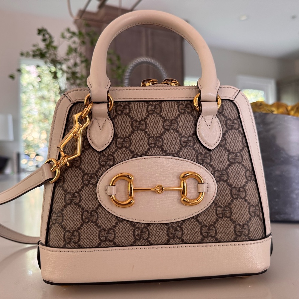 Authentic Gucci Brown Cream Satchel with Gold Accents